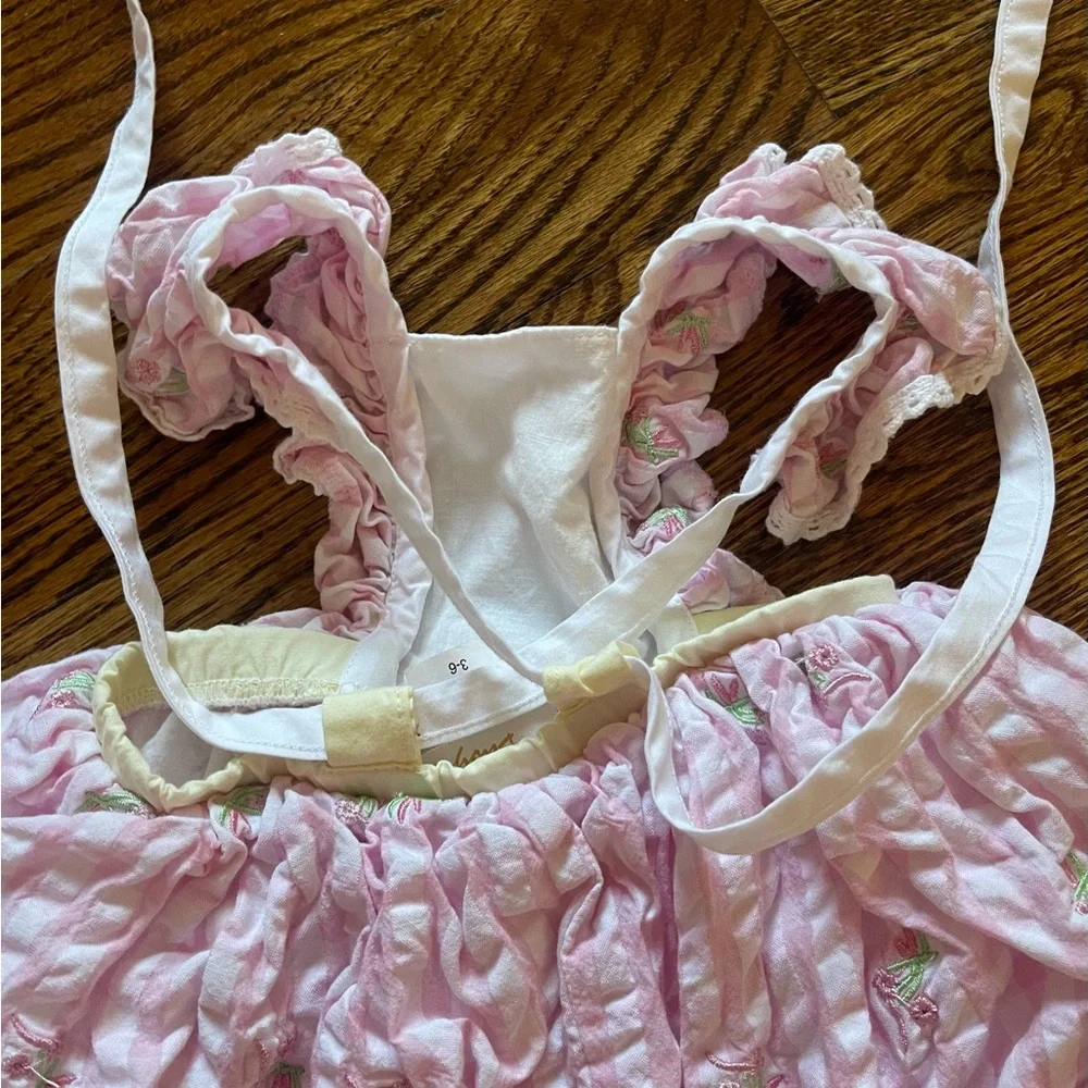Haute Baby Girls Sunsuit outfit Pink Floral Seersucker Adjustable Straps 6 Mo